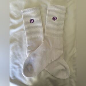 Lululemon White Crew Socks with Purple Embroidered Logo Size Medium NWOT